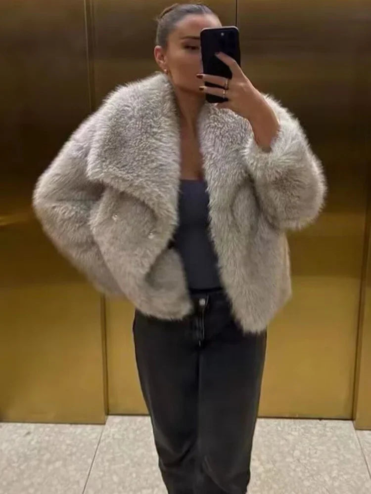TRAF Woman Autumn Winter Faux Fur Coat Plush Fluffy Women's Jacket New in Outerwears White Red Gray Black Wool Blends Coats