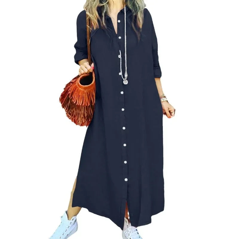 Spring Autumn New Style Women's Cotton Linen Open Cardigan Shirt Dress Long Sleeve Turn-down Collar Loose Casual Elegant Pure Co