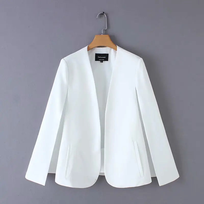 Women elegant black white color v neck split casual cloak coat office lady wear outwear suit jacket open stitch tops CT237