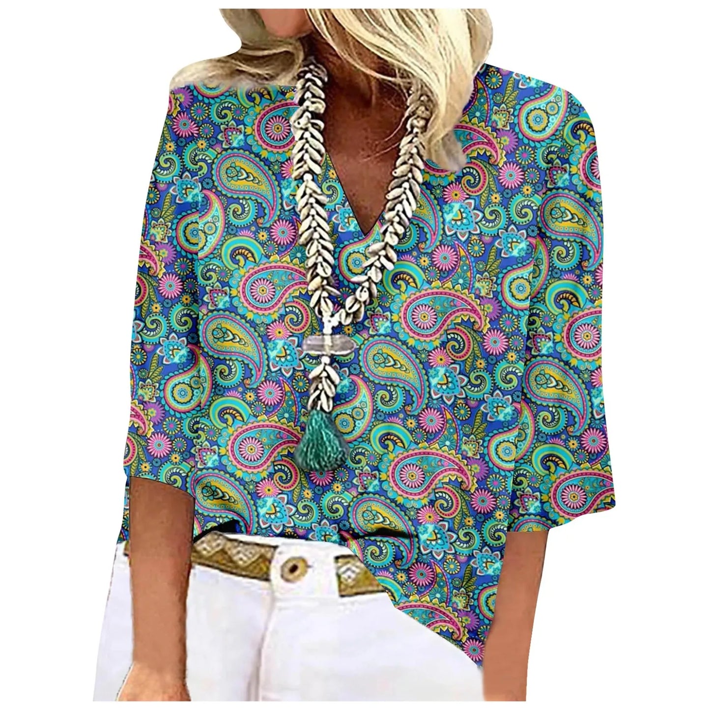 Women's Shirt Blouse Loose Shirts 3/4 Sleeve Print V Neck Tops Print Tops T-shirts Tee Tops for Women Womens Tops and Blouses