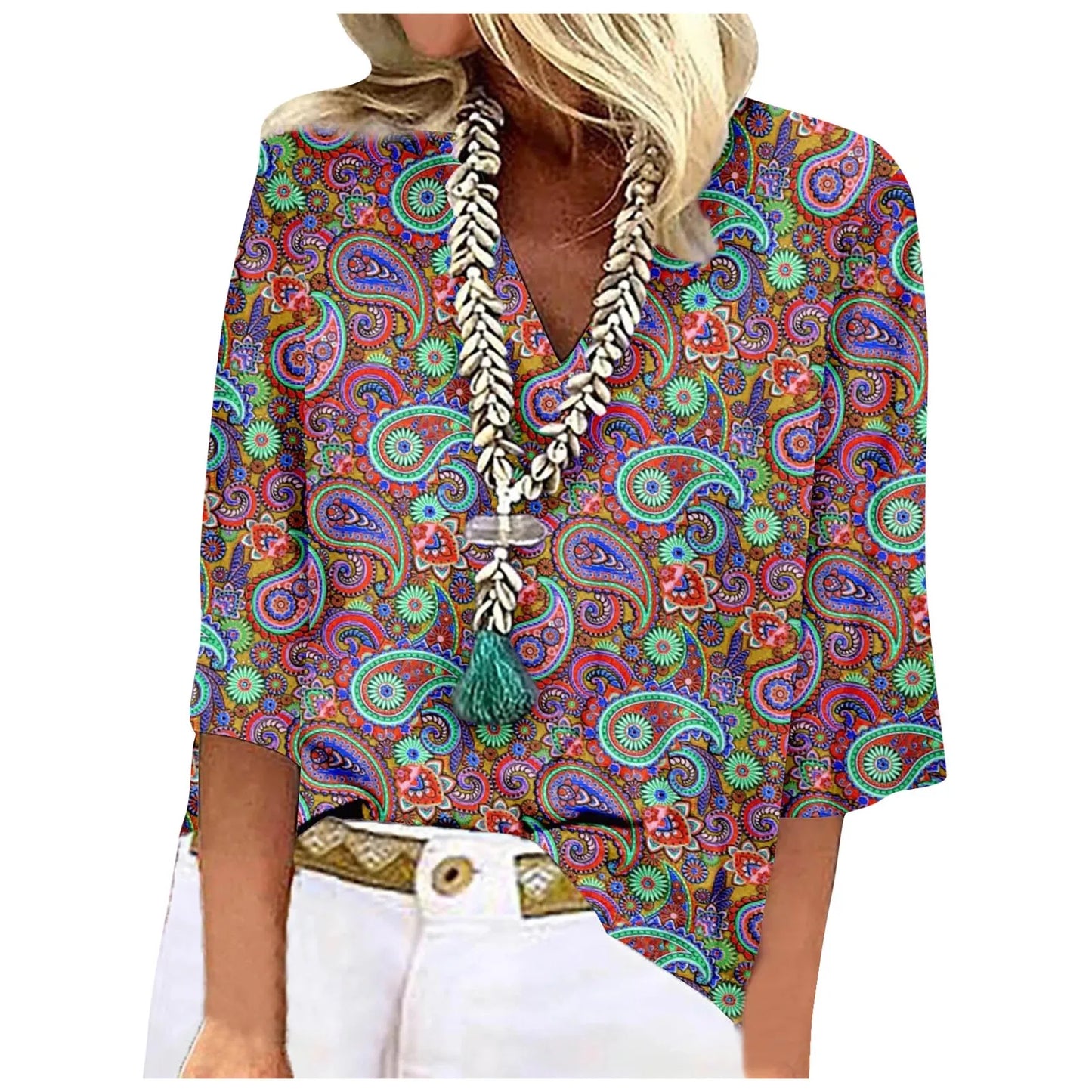 Women's Shirt Blouse Loose Shirts 3/4 Sleeve Print V Neck Tops Print Tops T-shirts Tee Tops for Women Womens Tops and Blouses