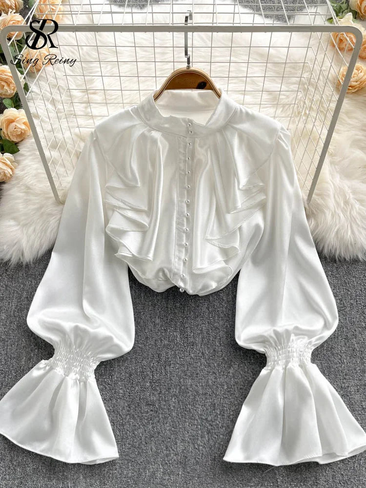 SINGREINY High Quality Satin Loose Shirt Long Flared Sleeves Ruffles O Neck Beading Women Gentle Office Lady Casual Blouse
