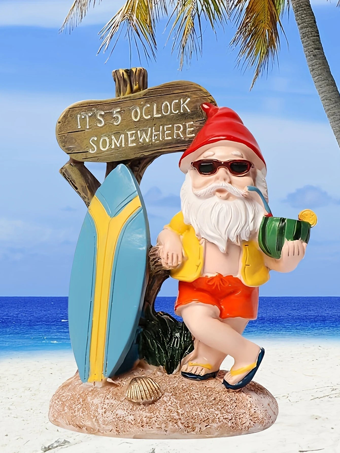 Surfboard Gnome Statue โ Summer Garden Ornament for Whimsical Outdoor Decor