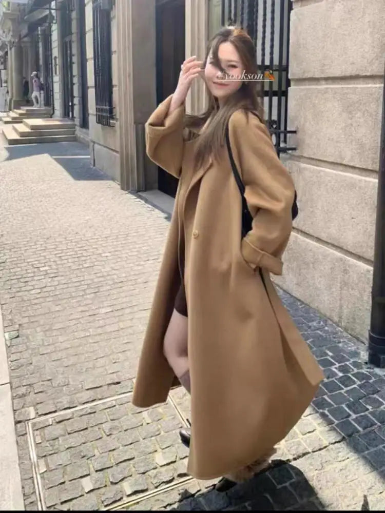 Handmade Office Lady Double-Breasted Woolen Alpaca Jackets 2024 Autumn And Winter Lace Up Loose Long Women's Wool Coats