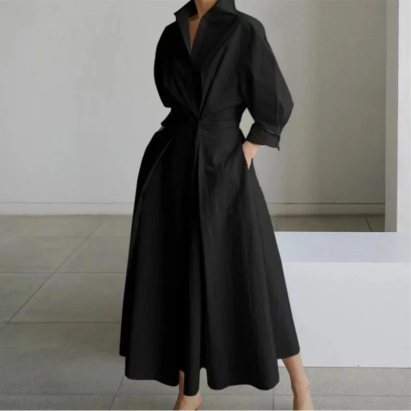 Fashionable Large Size Polo Collar Nine Sleeve Loose A- Line Dress Commute Elegant Swing Skirt Chinese Style Women's Dress