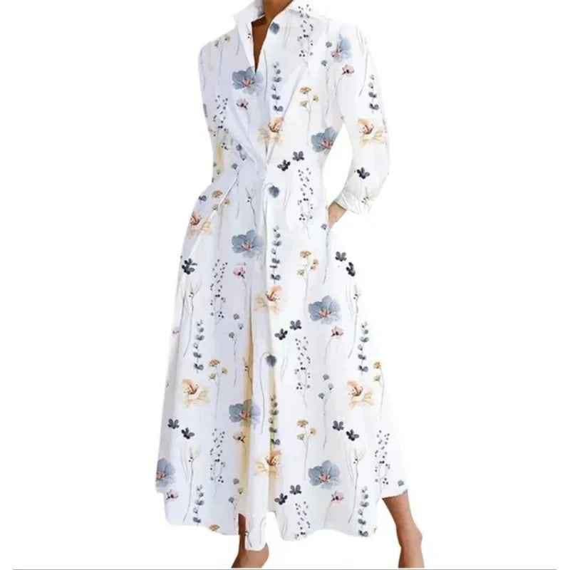Fashionable Large Size Polo Collar Nine Sleeve Loose A- Line Dress Commute Elegant Swing Skirt Chinese Style Women's Dress