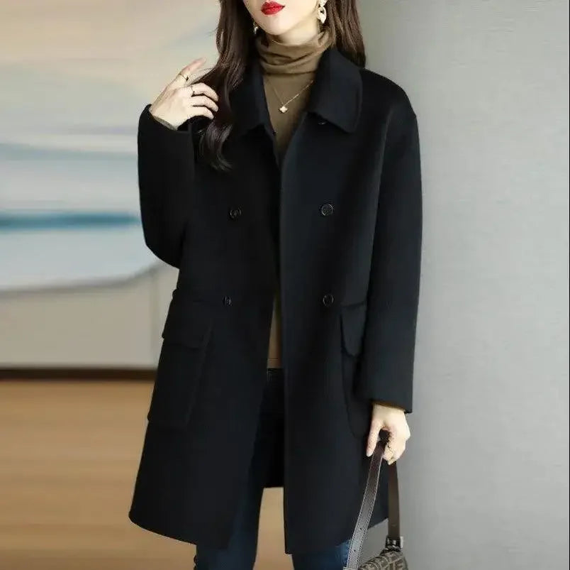 Elegant Korean Style Women's Woolen Coat Autumn Winter Thickened Medium Length Loose Outerwear for Short Women