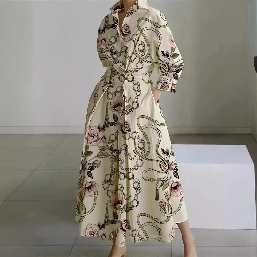 Fashionable Large Size Polo Collar Nine Sleeve Loose A- Line Dress Commute Elegant Swing Skirt Chinese Style Women's Dress