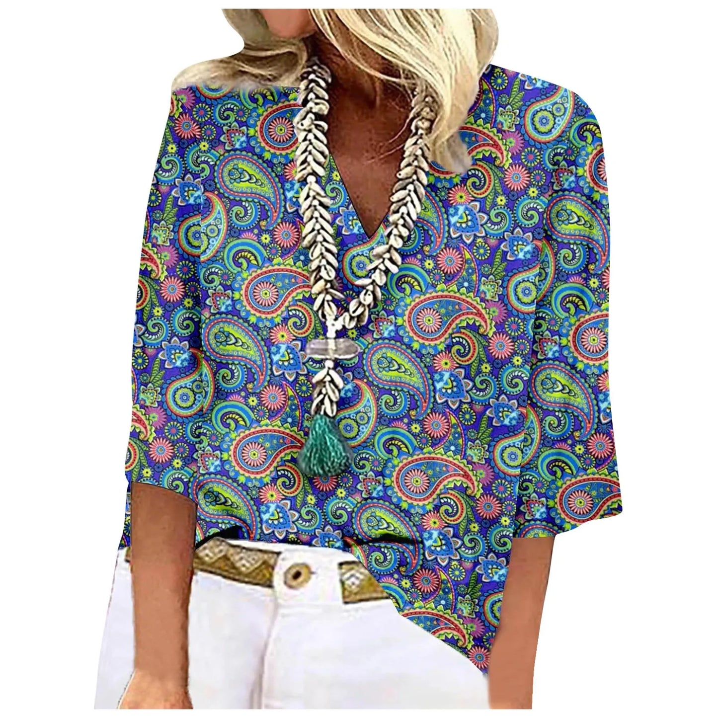 Women's Shirt Blouse Loose Shirts 3/4 Sleeve Print V Neck Tops Print Tops T-shirts Tee Tops for Women Womens Tops and Blouses