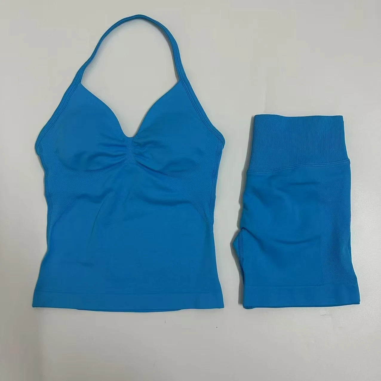 2 Pieces Women Yoga Set Seamless Yoga Longline Strappy Tank Top Scrunch Sports Shorts Gym Clothes Woman Summer Workout Outfit