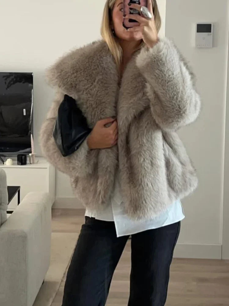 TRAF Woman Autumn Winter Faux Fur Coat Plush Fluffy Women's Jacket New in Outerwears White Red Gray Black Wool Blends Coats