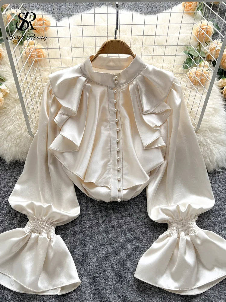 SINGREINY High Quality Satin Loose Shirt Long Flared Sleeves Ruffles O Neck Beading Women Gentle Office Lady Casual Blouse