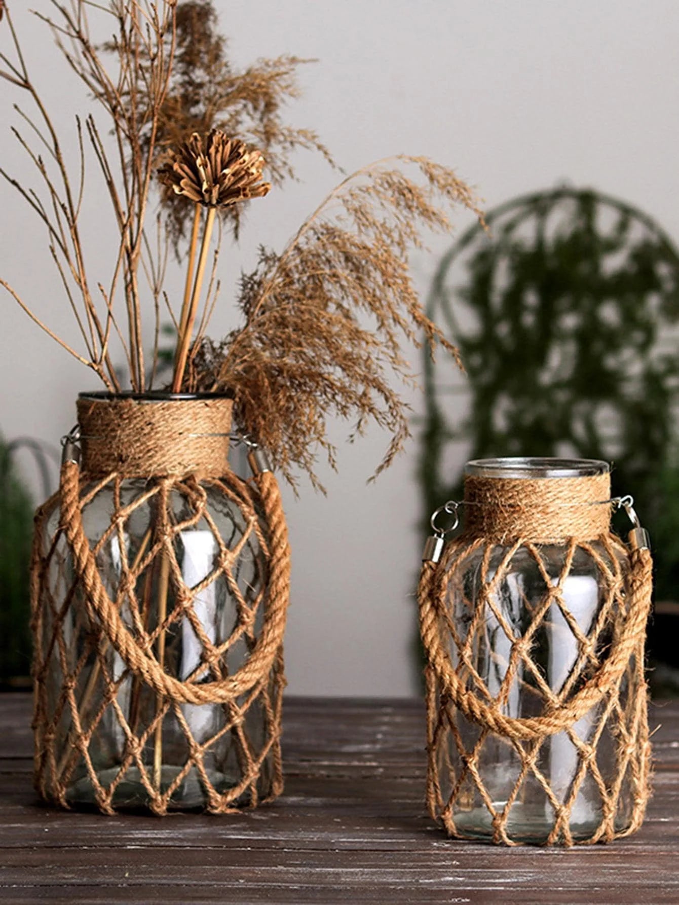Hand Woven Hemp Rope Glass Vase โ Boho Home Accessories for Modern Living Room Decor