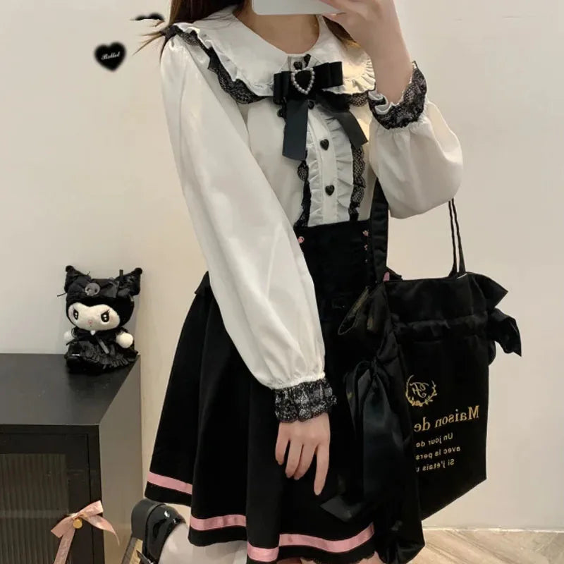 Kawaii Women Shirts Lolita Y2K Cute Japanese Style Blouse Elegant Long Sleeve Sweet Lace Off-Shoulder Aesthetic Shirt Tops