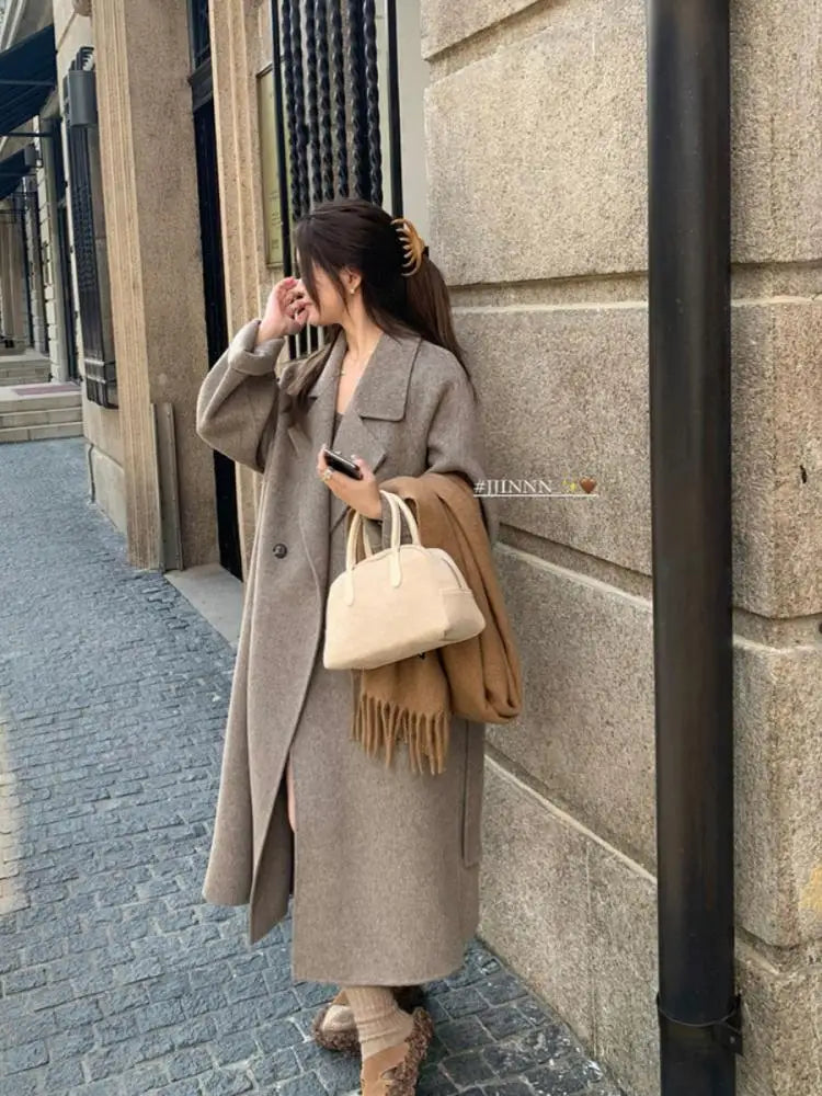 Handmade Office Lady Double-Breasted Woolen Alpaca Jackets 2024 Autumn And Winter Lace Up Loose Long Women's Wool Coats