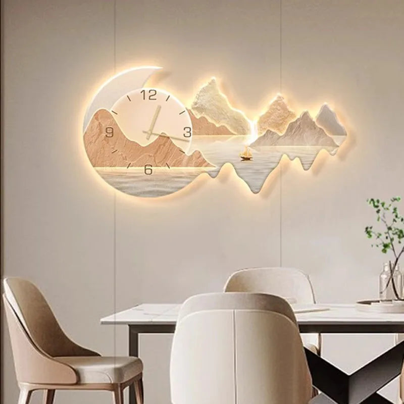 Luxury Modern Wall Clock with Moonlit Landscape - Stunning Multi-Panel Wall Art