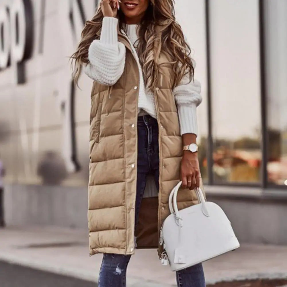 Women Winter Vest Coat Padded Solid Color Sleeveless Hooded Mid Length Slim Fit Zipper Hem Pockets Lady Long Winter Waistcoat