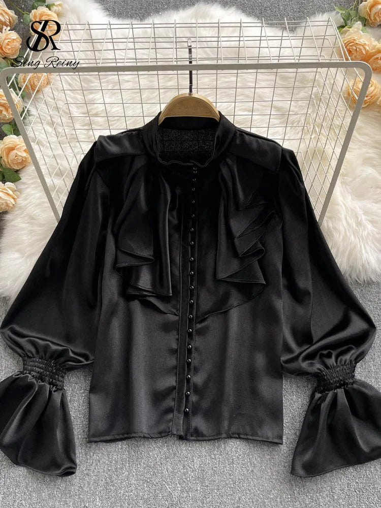 SINGREINY High Quality Satin Loose Shirt Long Flared Sleeves Ruffles O Neck Beading Women Gentle Office Lady Casual Blouse
