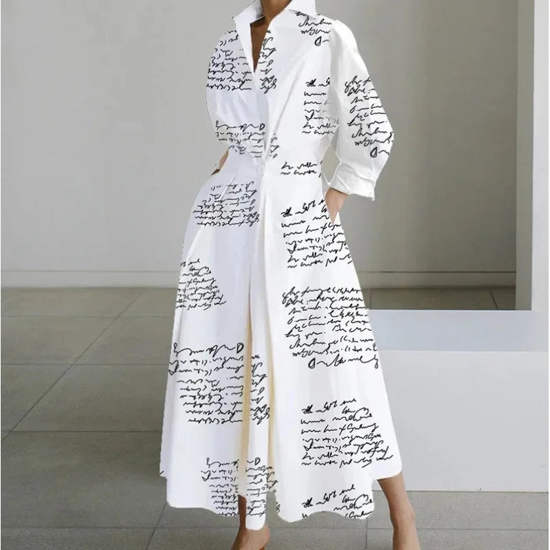 Fashionable Large Size Polo Collar Nine Sleeve Loose A- Line Dress Commute Elegant Swing Skirt Chinese Style Women's Dress