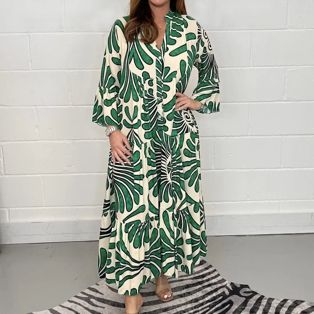 Spring Summer Hot Sale Of The Season Casual Ladies Print Loose Fit V-neck Knee-length Dress Wide Sleeve Women's Fashion Cross-bo