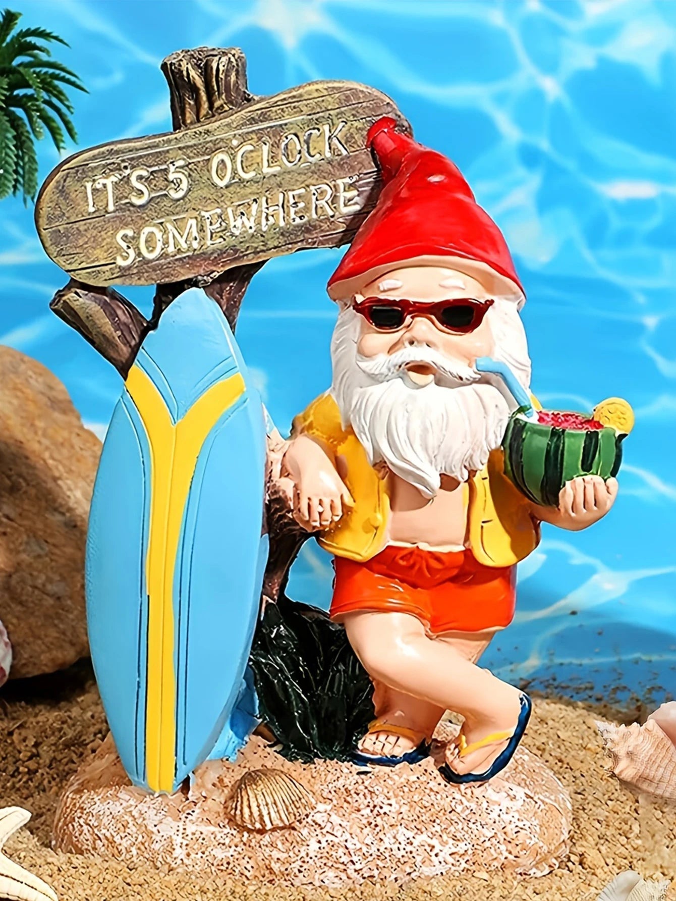 Surfboard Gnome Statue โ Summer Garden Ornament for Whimsical Outdoor Decor