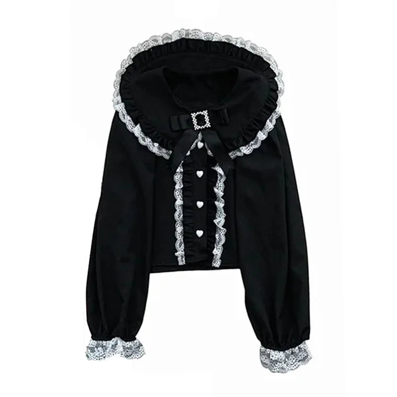 Kawaii Women Shirts Lolita Y2K Cute Japanese Style Blouse Elegant Long Sleeve Sweet Lace Off-Shoulder Aesthetic Shirt Tops
