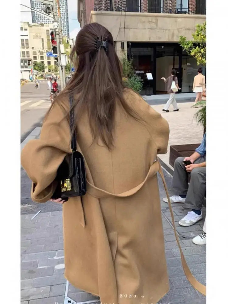 Handmade Office Lady Double-Breasted Woolen Alpaca Jackets 2024 Autumn And Winter Lace Up Loose Long Women's Wool Coats