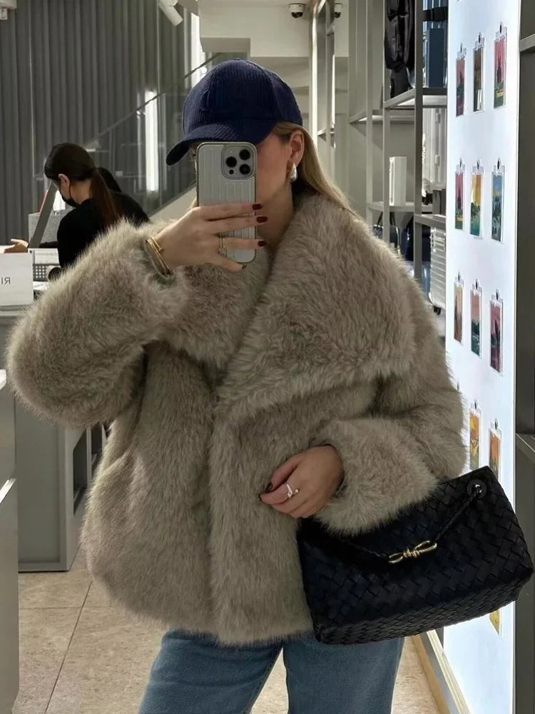 TRAF Woman Autumn Winter Faux Fur Coat Plush Fluffy Women's Jacket New in Outerwears White Red Gray Black Wool Blends Coats