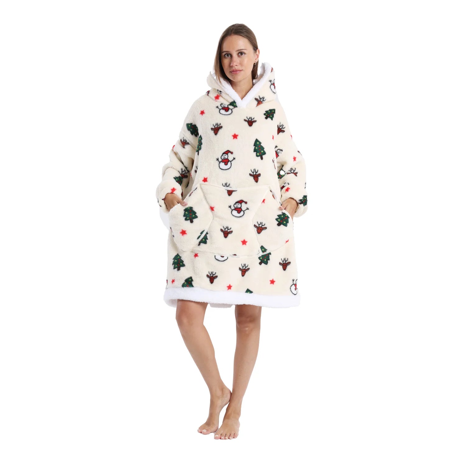 Winter Warm Fleece Fluffy Fuzzy Blanket Hoodie Thick Wearable Blanket Hooded Blanket for Adults Men Women Christmas