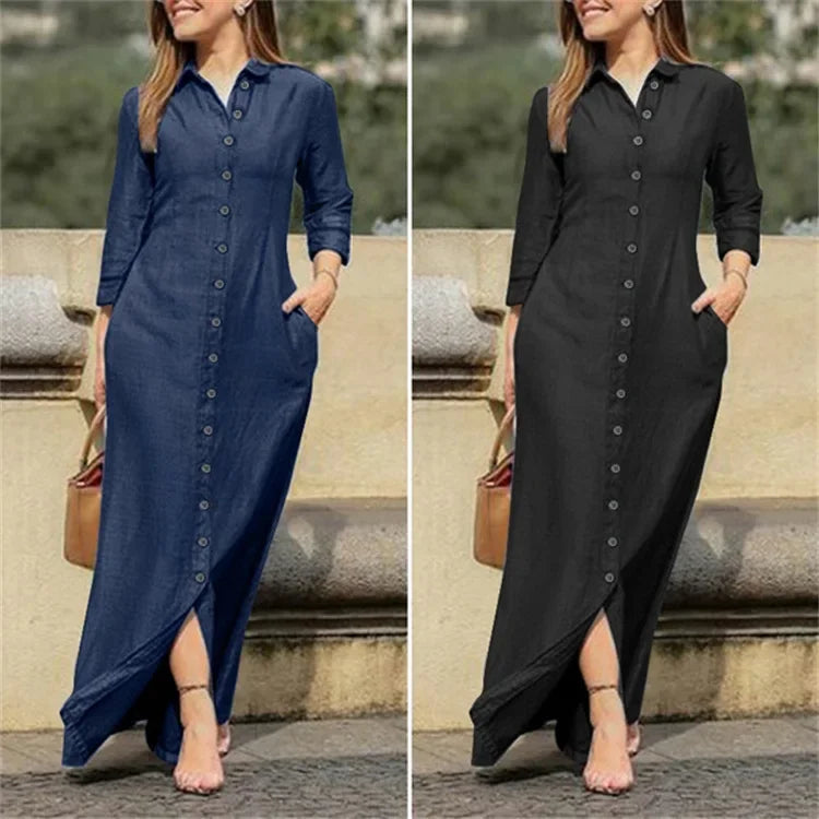 New Cross-Border Long Dress Shirt Collar-Pocket Big Skirt Plus Size Casual Denim Dress Q327