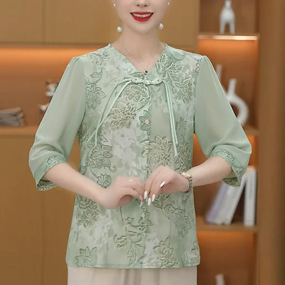 Elegant Summer Shirts for Moms Chinese Style Blouses for Senior Women
