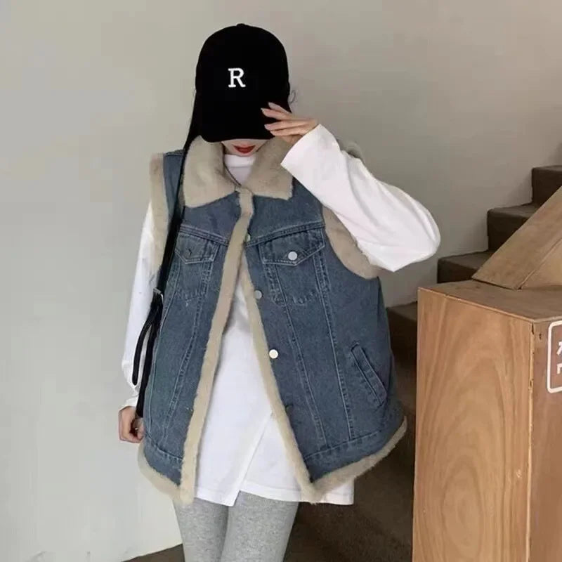 Women's Autumn/Winter Thickened Warm Fleece-Lined Loose-Fit Lapel Vest Top Lamb Woollen Jacket