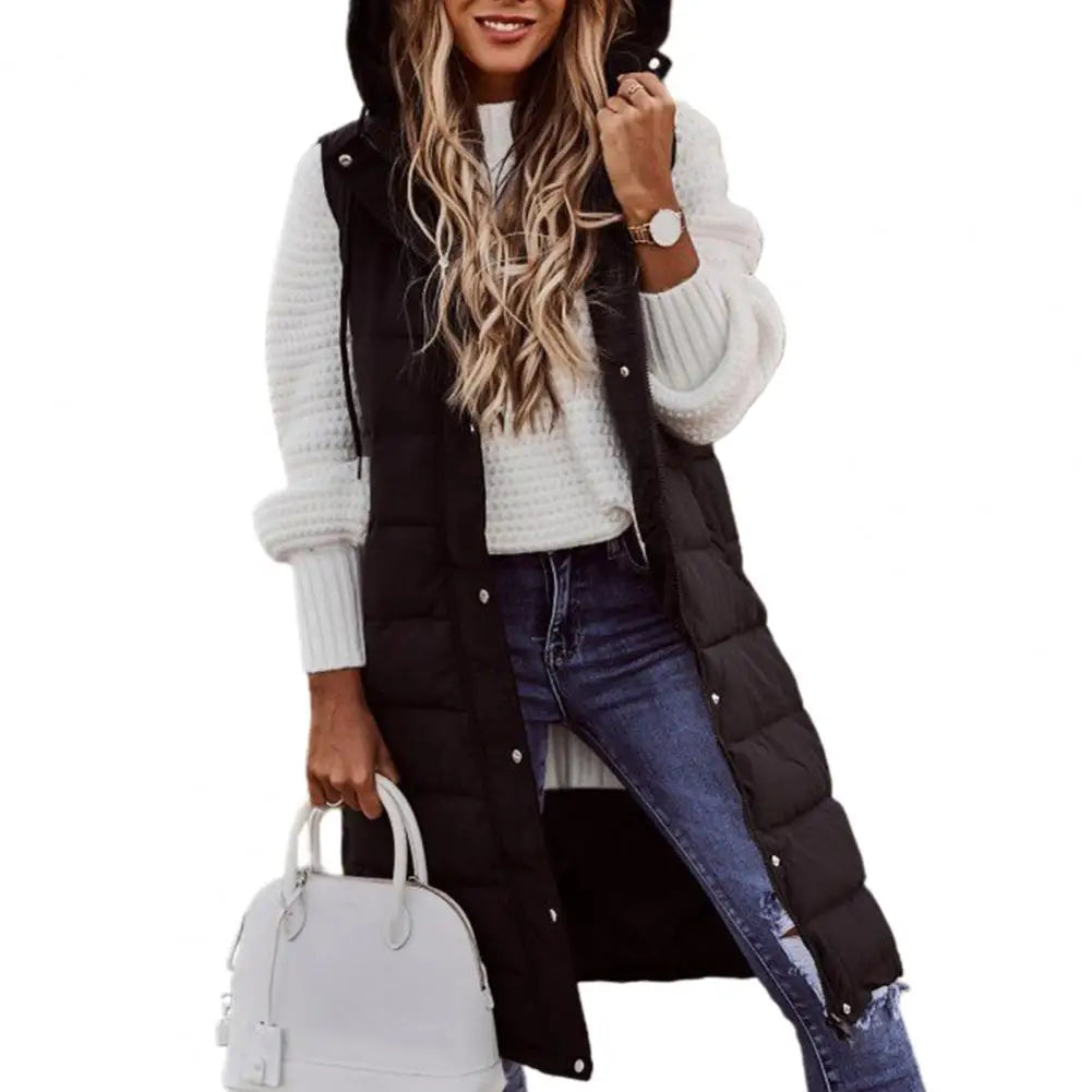 Women Winter Vest Coat Padded Solid Color Sleeveless Hooded Mid Length Slim Fit Zipper Hem Pockets Lady Long Winter Waistcoat