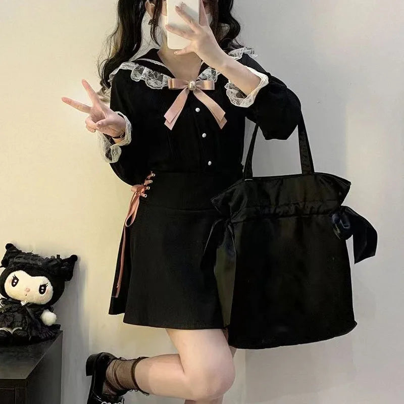 Kawaii Women Shirts Lolita Y2K Cute Japanese Style Blouse Elegant Long Sleeve Sweet Lace Off-Shoulder Aesthetic Shirt Tops