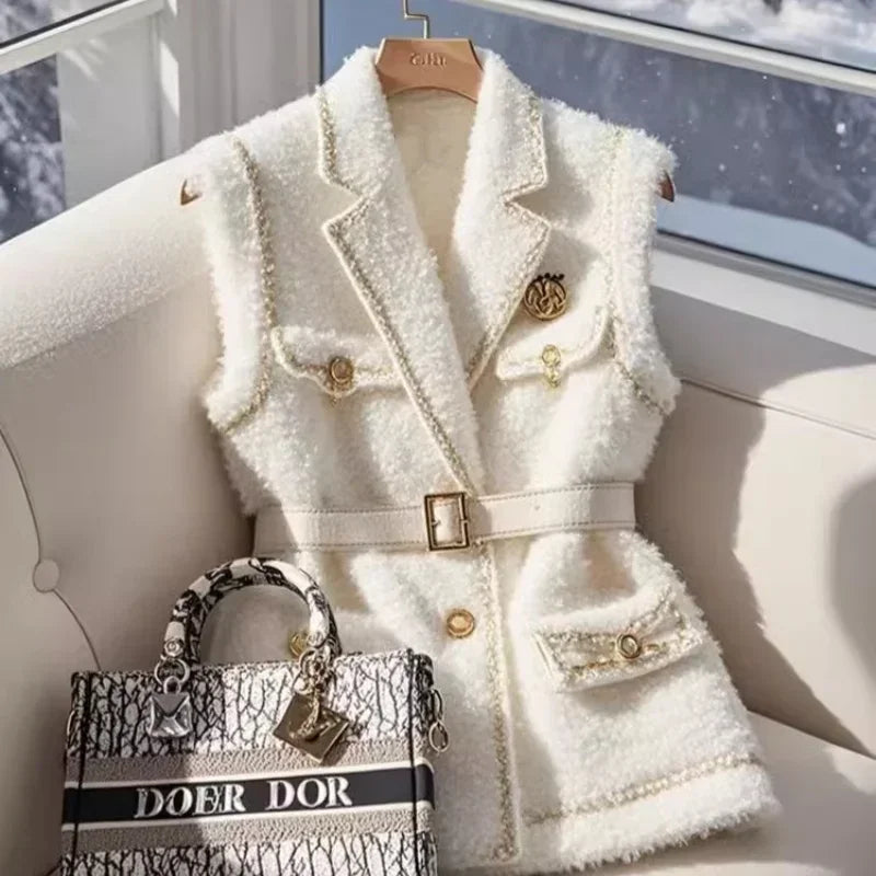 Gray Zebra Stripes Knitted Blazers Vest for Women Winter Cardigan Jackets Sleeveless Sweater Vest Y2K Fashion Office Lady Formal