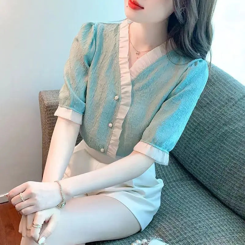Ruffled Sweet Chiffon Shirt French Style Slimming Fresh Short Sleeve Top