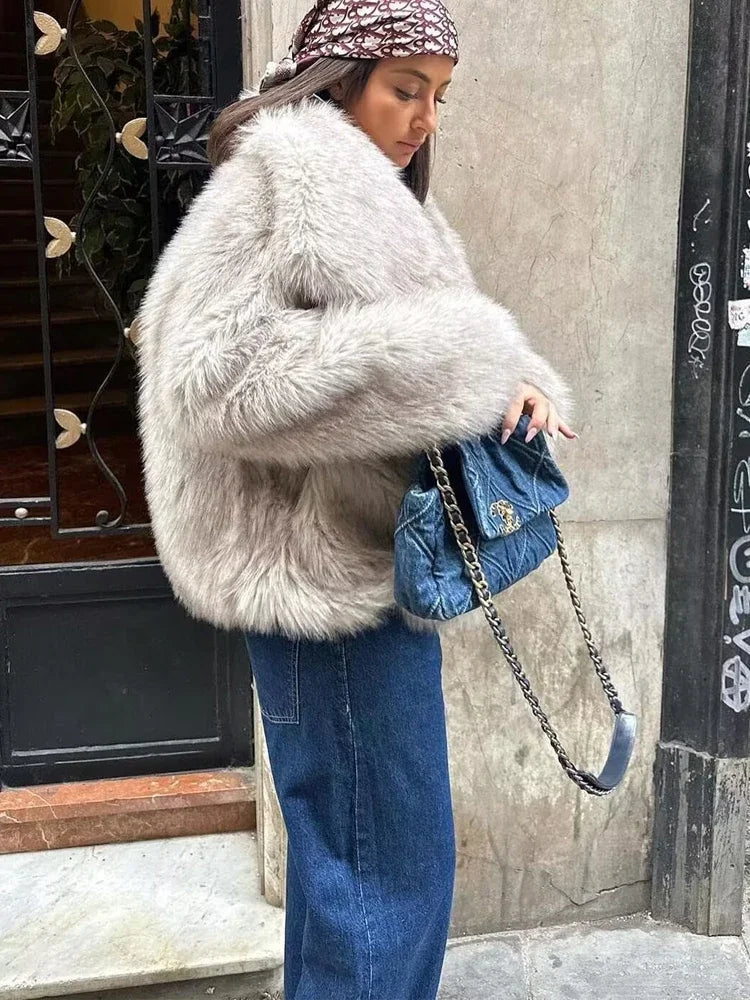 TRAF Woman Autumn Winter Faux Fur Coat Plush Fluffy Women's Jacket New in Outerwears White Red Gray Black Wool Blends Coats