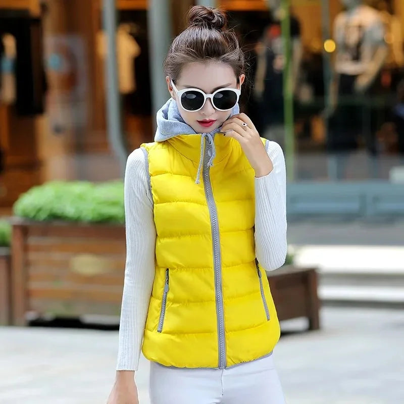 New Autumn Women Vest Winter Puffer Parkas Coat Casual Pocket Hooded Waistcoat Female Sleeveless Jacket Lightweight Outerwear
