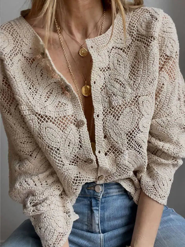 Elegant Beige Casual Hollow Out Shirts Women's Vintage Hook Floral Lace Long Sleeve Button Blouse French Tops Blouses Clothes