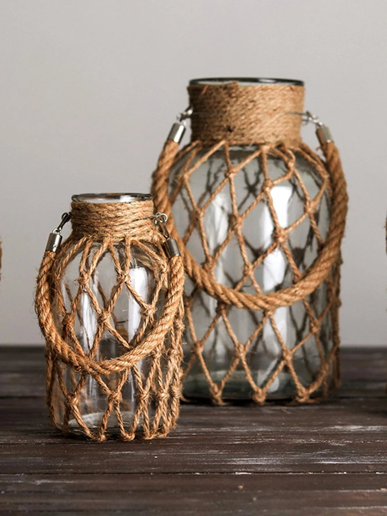 Hand Woven Hemp Rope Glass Vase โ Boho Home Accessories for Modern Living Room Decor