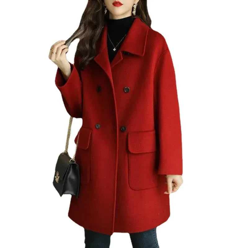 Elegant Korean Style Women's Woolen Coat Autumn Winter Thickened Medium Length Loose Outerwear for Short Women