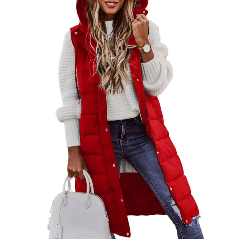 Women Winter Vest Coat Padded Solid Color Sleeveless Hooded Mid Length Slim Fit Zipper Hem Pockets Lady Long Winter Waistcoat