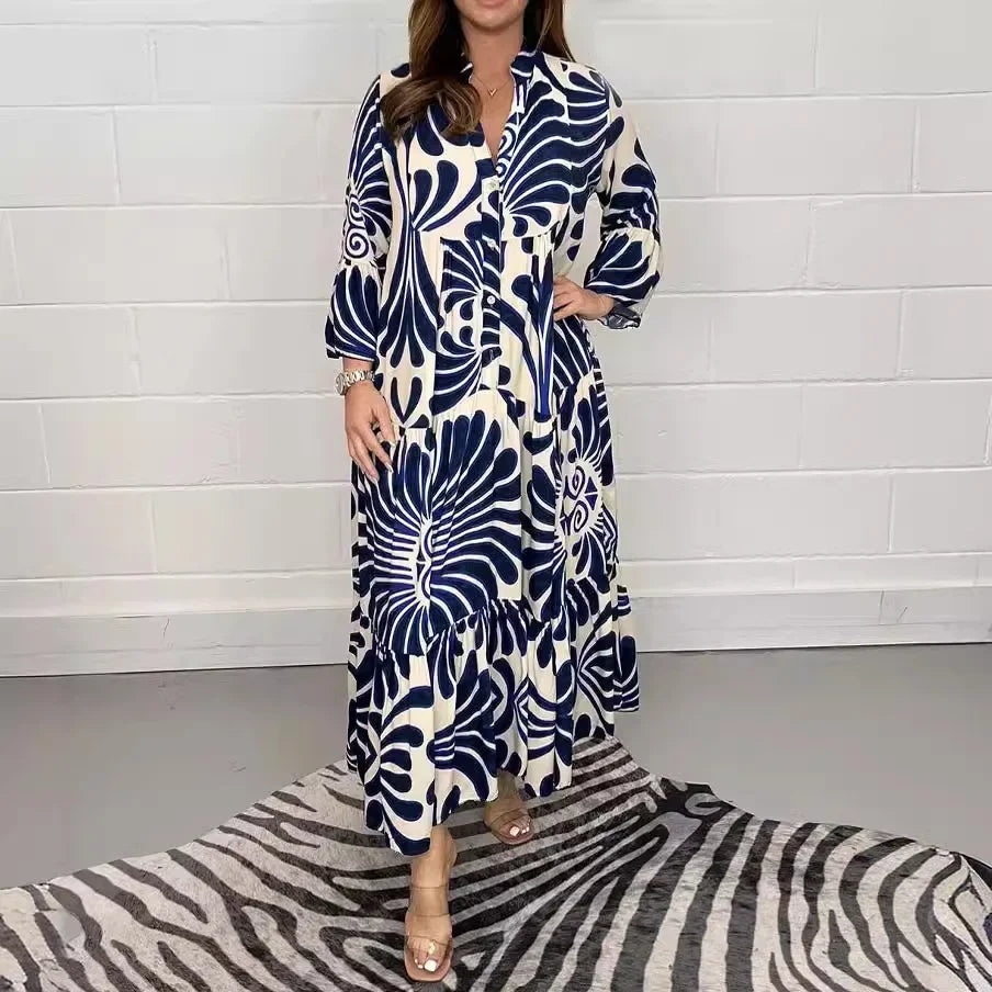 Spring Summer Hot Sale Of The Season Casual Ladies Print Loose Fit V-neck Knee-length Dress Wide Sleeve Women's Fashion Cross-bo