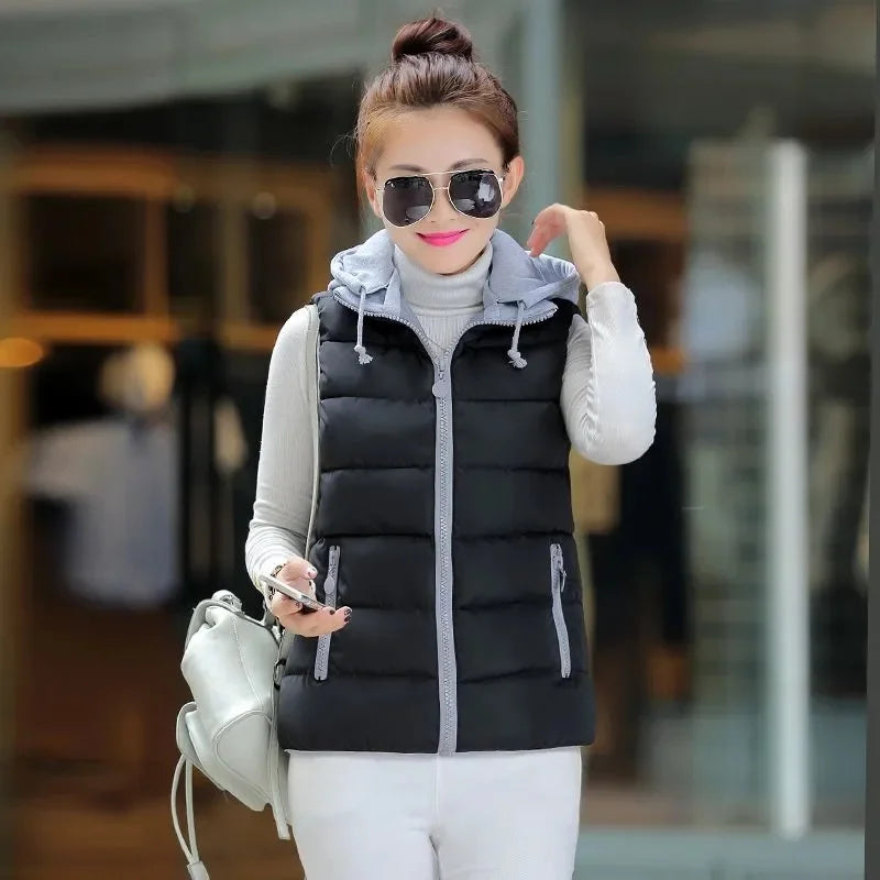 New Autumn Women Vest Winter Puffer Parkas Coat Casual Pocket Hooded Waistcoat Female Sleeveless Jacket Lightweight Outerwear
