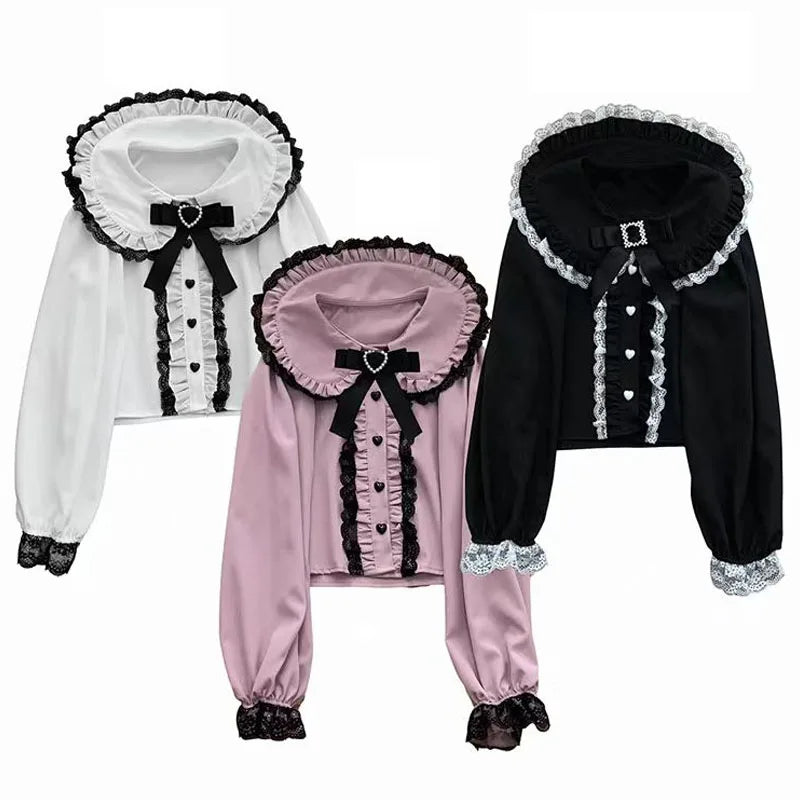 Kawaii Women Shirts Lolita Y2K Cute Japanese Style Blouse Elegant Long Sleeve Sweet Lace Off-Shoulder Aesthetic Shirt Tops