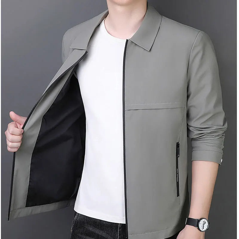 Casual Business Men Windbreaker Jackets Mid Length Business Jacket with Turn-down Collar Zipper Design for Fall Spring Seasons