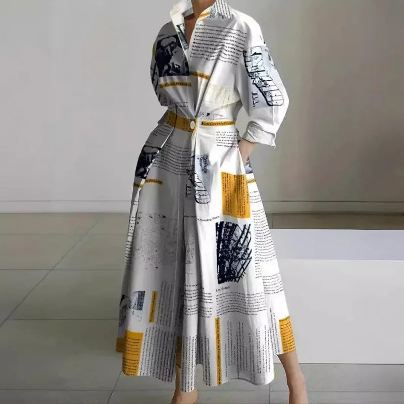 Fashionable Large Size Polo Collar Nine Sleeve Loose A- Line Dress Commute Elegant Swing Skirt Chinese Style Women's Dress