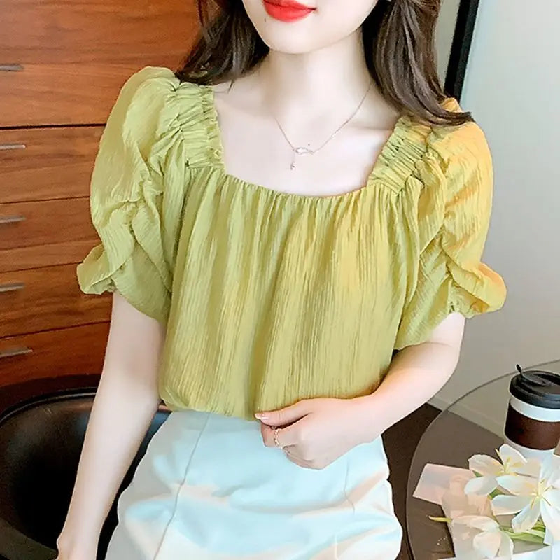 Retro Ruffle French Bubble Sleeve Chiffon Blouse Women Off-Shoulder Sweet Fresh Shirt