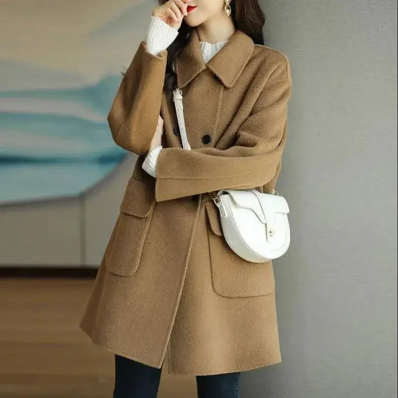 Elegant Korean Style Women's Woolen Coat Autumn Winter Thickened Medium Length Loose Outerwear for Short Women