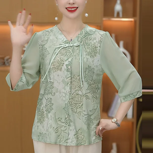 Elegant Summer Shirts for Moms Chinese Style Blouses for Senior Women
